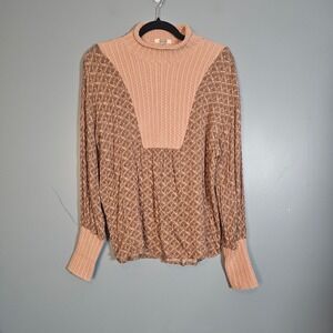 Gimmicks BKE Pink Mixed Media Cable Knit Mock Neck Boho Print Top Small